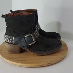 Josef Seibel Toni Studded Harness Suede Side Zip Booties Black Silver Size EU 38